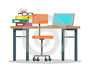 Workplace with Computer and Docs Flat Style Vector