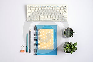 Workplace with computer keyboard, notepads, pen, pencil and succulent plants on white background. Top view, flat lay