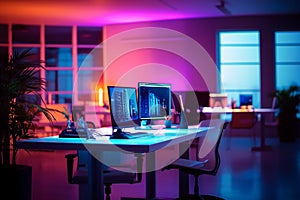 Workplace with computers in the office at night. 3d rendering