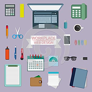Workplace concept, working place design in a flat style, workplace equipment, computer, laptop, phone, calculator, desktop