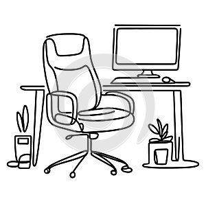 Workplace in continuous one line art style. Office desk with monitor and a chair. Simple vector illustration.