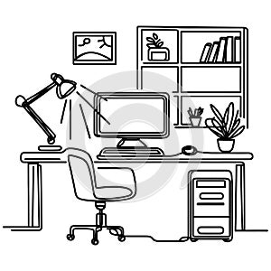 Workplace in continuous one line art style. Office desk with monitor and a chair. Simple vector illustration.