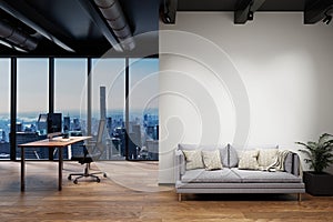 Workplace and cozy couch side by side in large modern office building with skyline view; work life balance conceptual; 3D