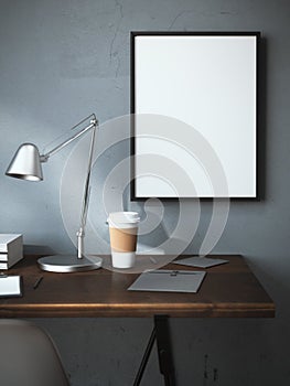 Workplace with cup and blank frame. 3d rendering