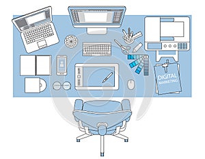 Workplace of designer with devices for work,Flat designed banner