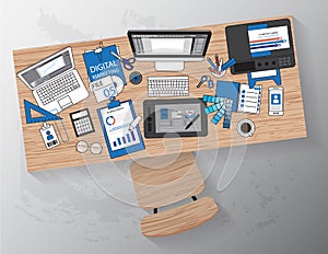 Workplace of designer with devices for work,Flat designed banner