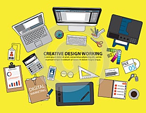 Workplace of designer with devices for work,Flat designed banner