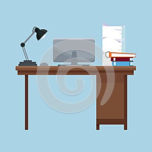 Pracoviště psací stůl lampa přenosný počítač knihy dokumenty 