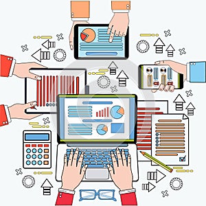 Workplace Desk Top View, Business Analysis Process People Work With Diagrams And Documents On Digital Tablets And Laptop