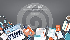 Workplace Desktop background. Top view of black table, laptop, folder, documents, notepad, books, purse, calendar, headphones.