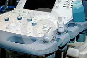 Workplace of the doctor of ultrasound diagnostics. Medical clinic: Ultrasound, sonography, ultrasound examination