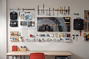 Workplace of engineer with peg board on wall