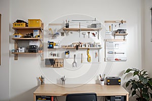 Workplace of engineer with peg board on wall