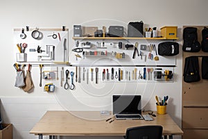 Workplace of engineer with peg board on wall