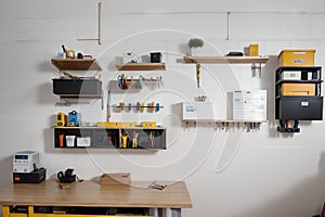 Workplace of engineer with peg board on wall