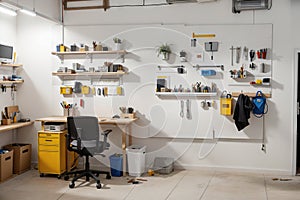 Workplace of engineer with peg board on wall