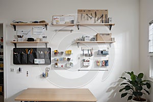 Workplace of engineer with peg board on wall