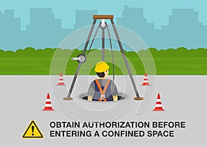 Workplace golden safety rule. Obtain authorization before entering a confined space. Safety guide for work in manholes. photo