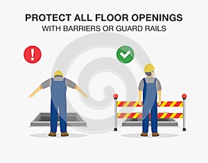 Workplace golden safety rule. Protect all floor openings with barriers or guard rails warning poster design.