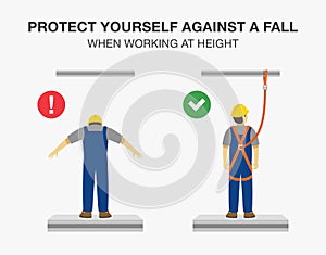 Workplace golden safety rule. Wear safety harness when working at heights. Protect yourself against a fall.