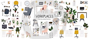 Workplace hand drawn doodle and flat style illustrations. Home office work spacedecoration. Interior design. Mid-century modern