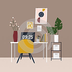 Workplace at home. Flat cartoon home office illustration for website, landing page, poster, banner, flyer, other advertisement