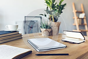 Workplace in home office with modern equipment and objects