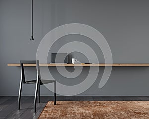 Workplace interior with black chair  and a wooden table