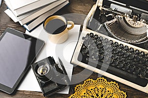 Workplace Of A Journalist, Writer, Blogger. Creative Studio Author Concept. Digital Tablet And Typewriter photo