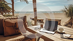 Workplace with laptop in tropical beach landscape. Working in travel. Digital nomad concept photo