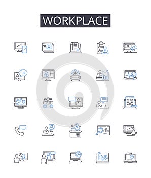Workplace line icons collection. Office Space, Job Site, Occupation Area, Business Center, Work Locale, Employment Z photo