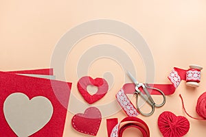 Workplace for making handmade decorations for Valentine`s Day.