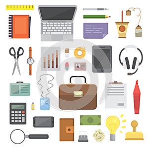 Workplace with mobile devices and documents. Office personal and Business Icons vector set. work table with gadget