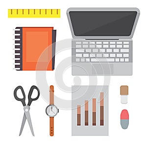 Workplace with mobile devices and documents. Office personal and Business Icons vector set. work table with gadget