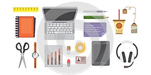 Workplace with mobile devices and documents. Office personal and Business Icons vector set. work table with gadget