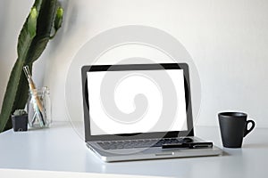 Workplace mockup concept. Mock up home decor laptop computer and