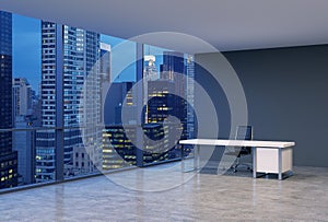 A workplace in a modern corner panoramic office with New York evening view. A black leather chair and a white table.