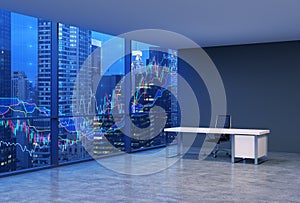 A workplace in a modern corner panoramic office with New York evening view and forex chart. A black leather chair and a white