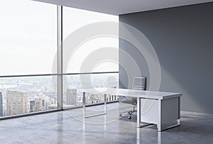 A workplace in a modern corner panoramic office in New York, Manhattan. A concept of financial consulting services.