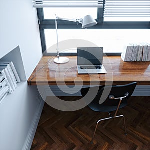 Workplace in new white interior minimalistic style design 3d render