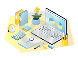 Workplace, office, business cabinet flat vector illustration. Office room with laptop computer, papers documents, pens