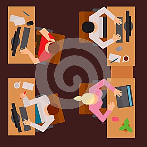 Workplace office tables vector business people team work process office concept web modern worker table top view flat