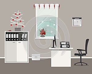 Workplace of office worker, decorated with Christmas decoration