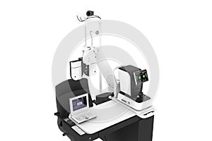 Workplace of an ophthalmologist on white background