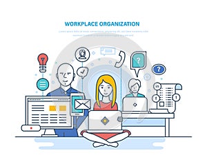 Workplace organization. Cooperation, partnerships, teamwork, interior office room, coworking, collaboration.