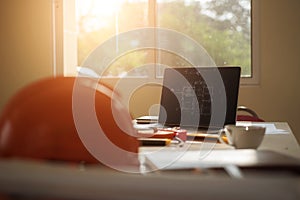 Workplace of professional architects with computer building plan design project. Construction and structure concept