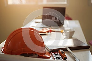 Workplace of professional architects with computer building plan design project. Construction and structure concept