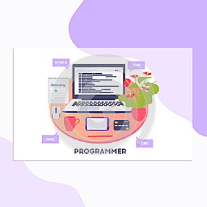 Workplace of programmer or coder. Vector illustration, programmer coding a new project using computer, Web Development, website