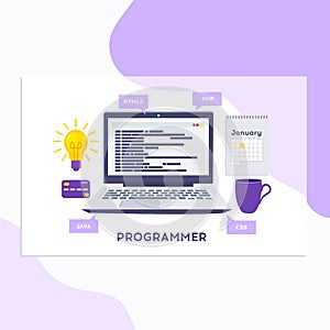 Workplace of programmer or coder. Vector illustration, programmer coding a new project using computer, Web Development, website