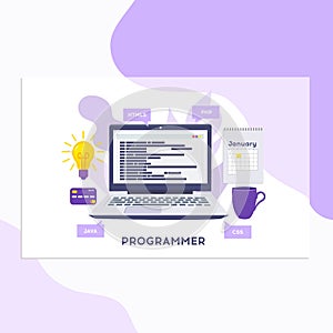 Workplace of programmer or coder. Vector illustration, programmer coding a new project using computer, Web Development, website